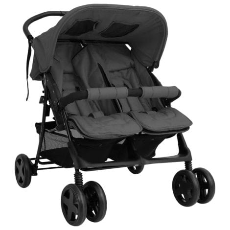 Carrito vidaXL para gemelos, cochecito doble, sillita gemelar, silla de paseo con canasta para niños, reposapiés ajustable, dosel plegable de acero en color gris oscuro.