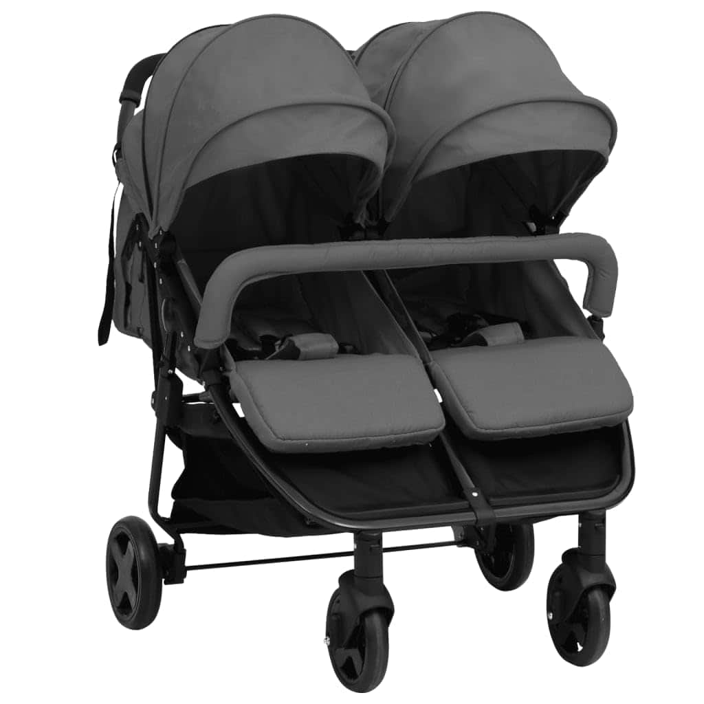 vidaXL Carrito para Gemelos Cochecito Sillita Gemelar Silla de Paseo Canasta Niños Reposapiés Ajustable Dosel Plegable de Acero Gris Oscuro y Negro