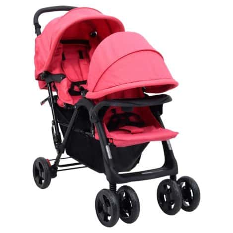 vidaXL Carrito para Gemelos Coche Doble Silla de Paseo Doble con Canasta para Niños Reposapiés Ajustable Capota Plegable Tándem en Color Rojo de Acero 122,5 x 53,5 x 111 cm.