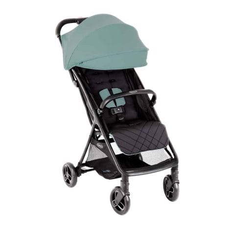 Graco Myavo – Carrito de viaje para niños de 0 a 4 años (hasta 22 kg), portátil, fácil de plegar y de pie, con amplia capacidad de almacenamiento, incluye protector para la lluvia, en elegante color menta.