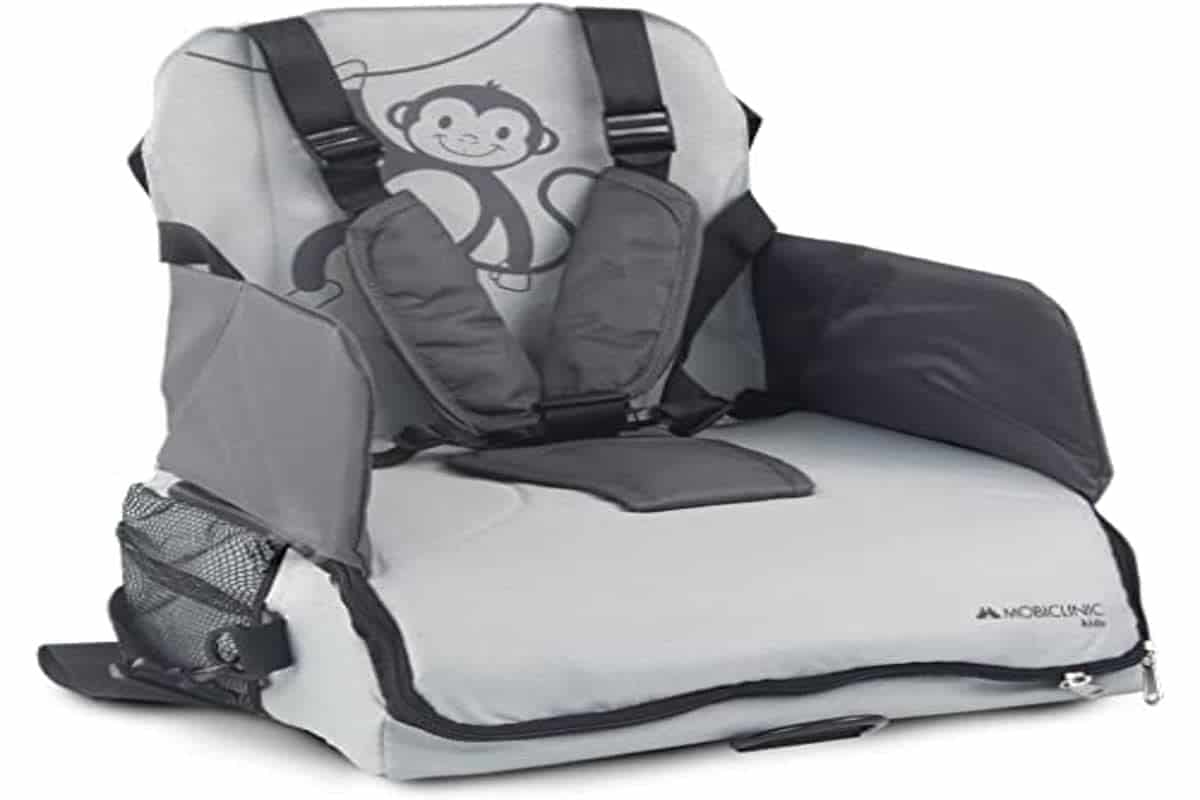 Mobiclinic ®, Trona portátil bebé, Monkey, Trona de viaje, De 6 a 36 meses, Hasta 15kg, Plegable, Arnés Ajustable de 5 puntos, Con almacenamiento, Trona portátil, Silla bebe, Color Gris