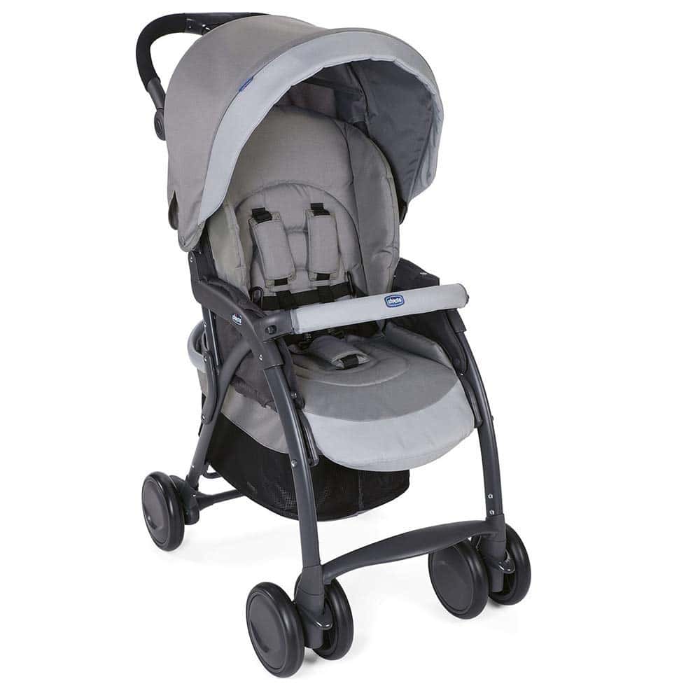 Chicco Simplicity Plus Top - Cochecito ligero plegable de 0 meses a 15 kg, reclinable, con manguito, posición de dormir, cierre compacto, doble cesta, color gris