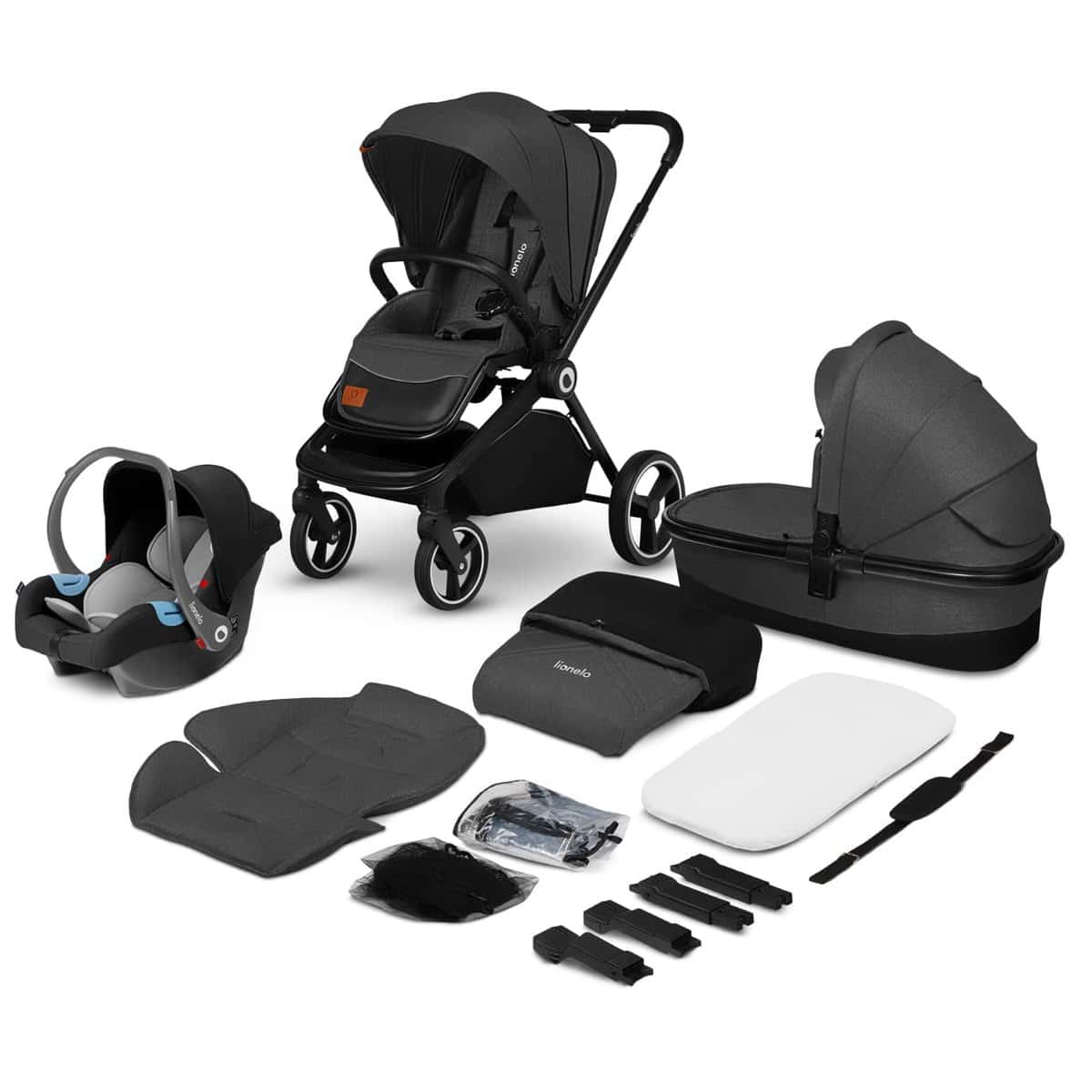 LIONELO Mika cochecito de bebé 3 piezas, coche de bebé 3 en 1, carrito para bebé, carro bebé 3 piezas el conjunto, silla de paseo, capazo y silla de coche Graphite MIKA