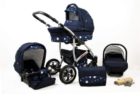 Cochecito convertible en 3 en 1, 2 en 1 Trio Isofix y silla de paseo New L-Go by SaintBaby en color azul marino con estrellas. También incluye una silla de coche.