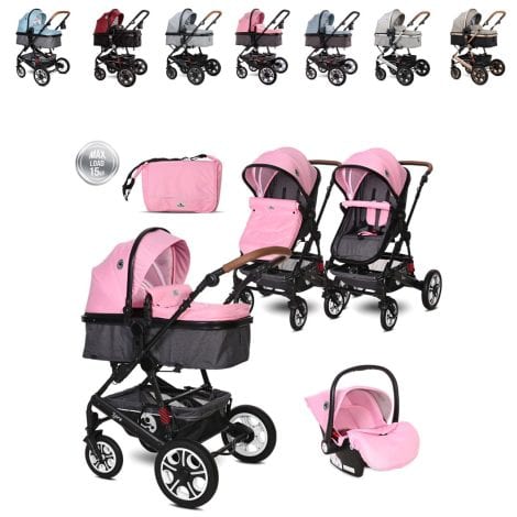 Lorelli carro de bebé Lora 3 en 1 con asiento de coche, bolsa de transporte, funda para el reposapiés y asiento deportivo, de color rosa/rosado, peso de 15000.0 gramos.