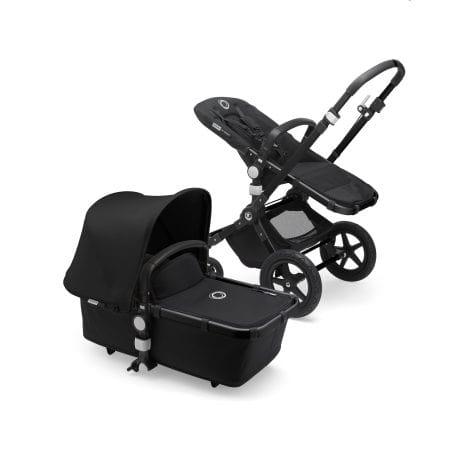 Bugaboo Cameleon 3 Plus, un cochecito 2 en 1 fácil de usar y versátil: sirve como cochecito, carrito cómodo y carricoche, adecuado para niños de 0 a 4 años. Tiene un chasis negro y una capota negra.