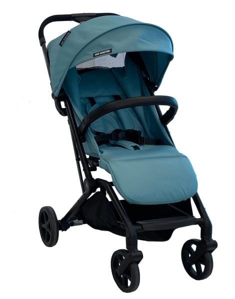 Silla de paseo Brooklyn para bebés de Baby Monsters, en color Aqua. Es un carrito de bebé plegable, compacto y cómodo.