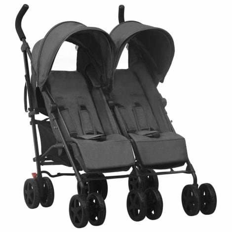 Carrito de Gemelos Goliraya para Pasear – Silla Gemelar de Acero Gris Antracita, Plegable y Reclinable para Bebés y Niños