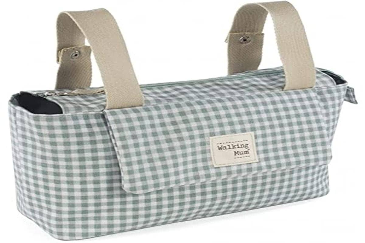 Walking Mum. Bolso organizador I Love Vichy. Bolsa de maternidad para silla de paseo. Asas cortas para fijar al carro. Color Verde. Medidas 31X17X12 cm.