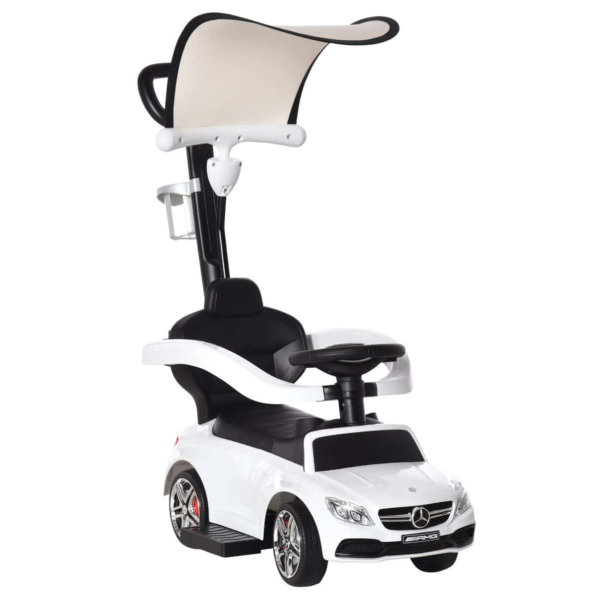 HOMCOM Correpasillo para Niños Mayores de 1 Año Cochecito Automóvil Diseño 3 en 1 Empujador Andador Función de Bocina con Capota Reposapiés Portavasos 84x40x83 cm Blanco