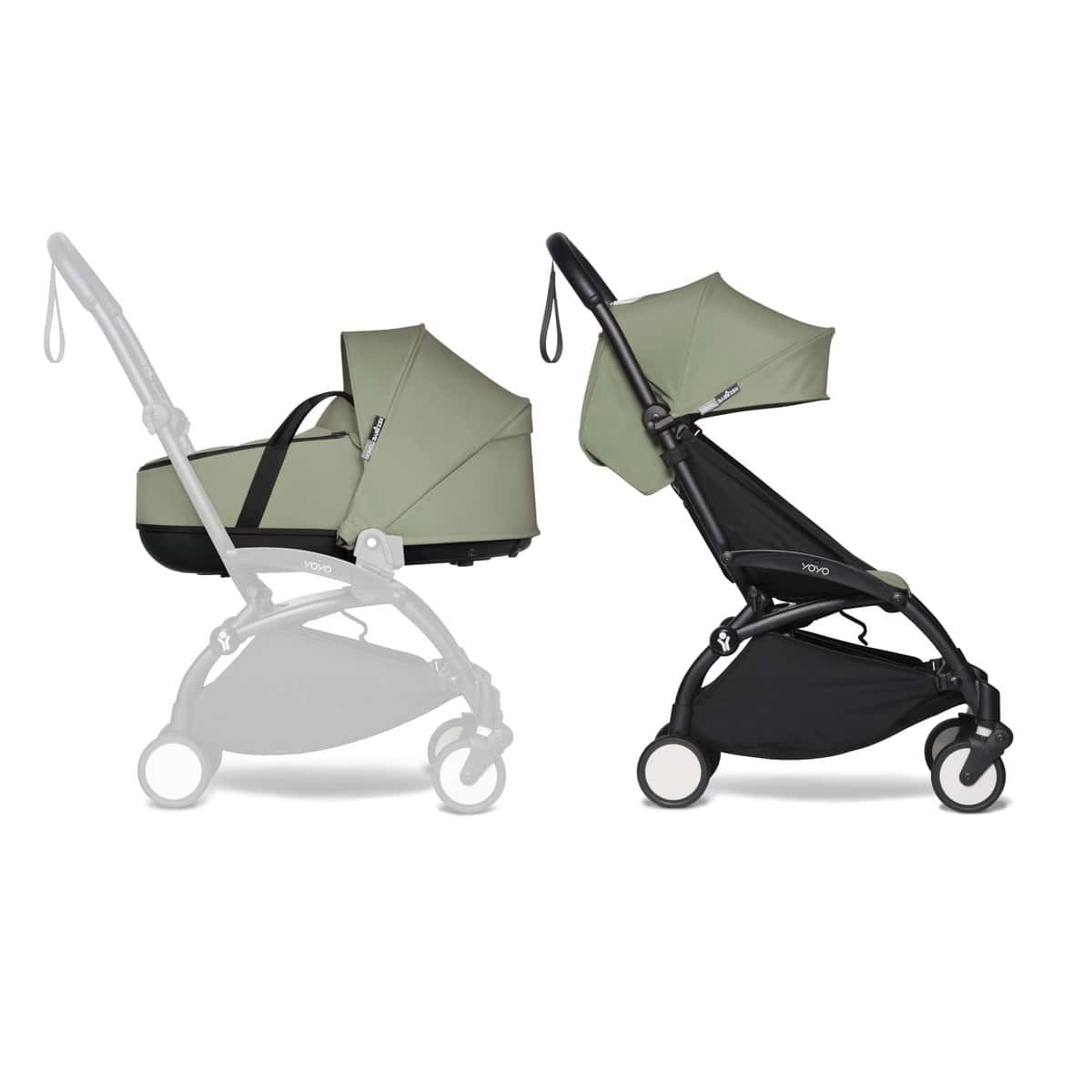 BABYZEN Cochecito Completo YOYO2 - Incluye YOYO 0+ Capazo (Olive), Chasis (Negro) & YOYO Pack 6+ Color (Olive) - Para Niños Hasta 22 kg Black Frame Olive