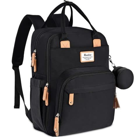 RUVALINO Mochila para pañales negra – Mochila grande para bebés con bolsa versátil y cambiador portátil. Incluye portachupetes. Ideal para mamás y papás. Talla única.