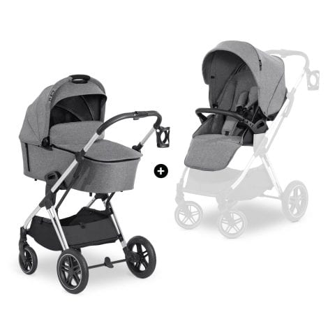 Hauck Cochecito para bebé 2 en 1 Vision X Set, incluye capazo, apto desde el nacimiento, silla de paseo hasta 25 kg, asiento reversible y reclinable, protector para las piernas, ruedas de goma, fácilmente plegable y compacto en color gris mezcla.