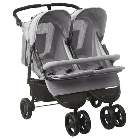 Carrito gemelar para niños vidaXL, cochecito de paseo con sillita gemelar, canasta, dosel y reposapiés ajustable de acero en color gris claro plegable.