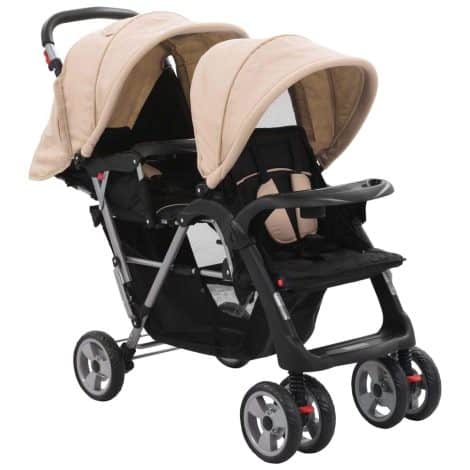 Festnight Carrito Doble para Bebés con Asientos Individuales, Color Gris Taupe y Negro, de Acero Plegable y con Rueda Giratoria Tandem