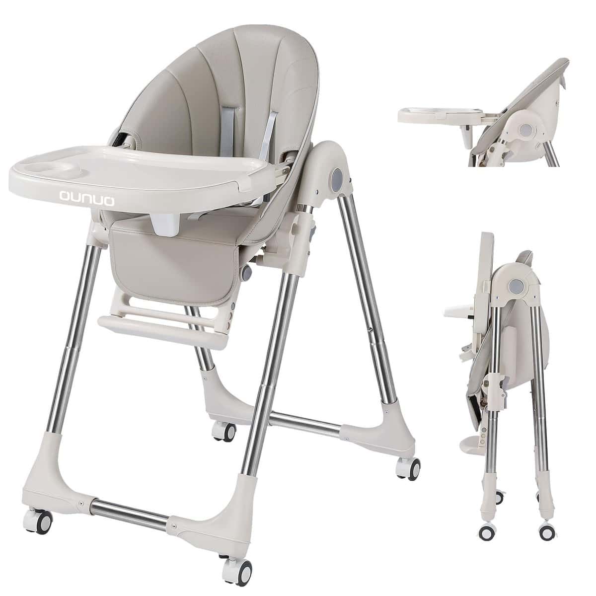 OUNUO Trona Bebé Ajustable, Trona para Bebe Evolutiva, Trona para Bebes Reclinable, Ajustable y Plegable con 4 ruedas, Segura, Cojín Bebé Confort, De 6 a 36 meses Gris