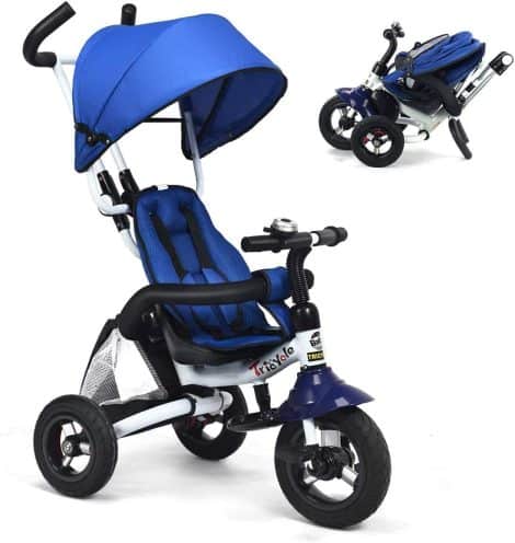 Trike infantil plegable evolutivo con baranda removible, toldo ajustable, arnés de seguridad, pedal plegable, bolsa de almacenamiento, freno y diseño de absorción de impactos (color azul)