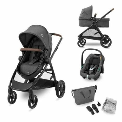 Maxi-Cosi Zelia S Trio: Carrito de bebé 3 en 1, desde recién nacido hasta los 4 años, soporta hasta 22 kg de peso. Es plegable, compacto y el asiento se reclina. Incluye la silla de paseo compatible con el coche CabrioFix S i-Size. Viene con accesorios y está disponible en color gris oscuro.