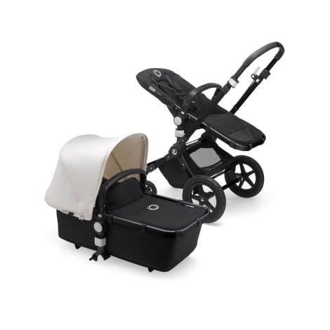 Bugaboo Camaleón 3 Plus, una opción de cochecito versátil y fácil de usar: combina un coche, un carrito cómodo y una silla de paseo en un solo producto, con chasis negro y capota en color blanco.