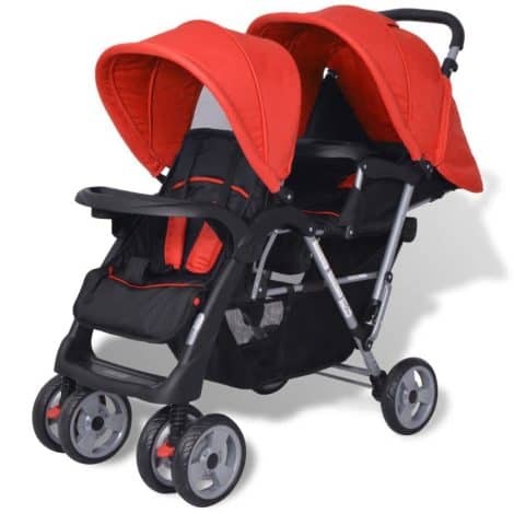 Silla doble plegable para gemelos y hermanos, carrito gemelar paseo de bebé, resistente hasta 15kg por cada asiento, fabricado en acero y tela Oxford en color rojo y negro, dimensiones de 118x41x108cm.