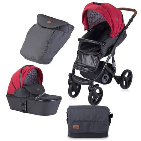 Lorelli – Cochecito infantil 2 en 1 RIMINI Negro y rojo. Cochecito y silla de bebé ajustable, toldo ajustable, saco de invierno, cubierta impermeable, bolso de pañales y mosquitera.