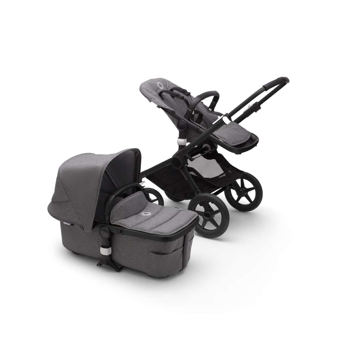 Bugaboo Fox 2, Lo último en sistemas de viaje 2 en 1: carrito ligero, carrito confort y capazo, maniobrable, desde el nacimiento y hasta los 4 Años, chasis en negro y capota gris melange Gris Melange/negro