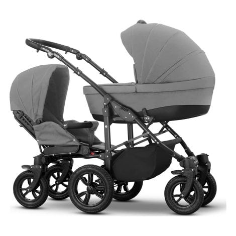 Cochecito gemelar BBtwin color gris con capacidad para dos niños de diferentes edades. Incluye 2 sillas, 1 capazo y accesorios. Además, se puede convertir en un cochecito individual.