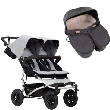 Mountain Buggy Duet Silver + Bañera Gemelos Negro: 
Mountain Buggy Duet Plateado + Bañera para Gemelos Negra.