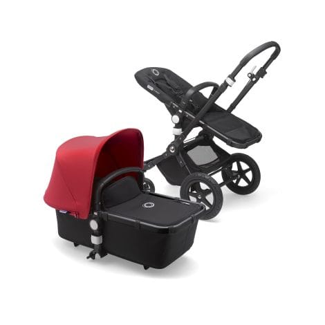 Bugaboo Cameleon 3 Plus, un cochecito 2 en 1 fácil y versátil: carrito y carricoche, con chasis negro y capota roja.