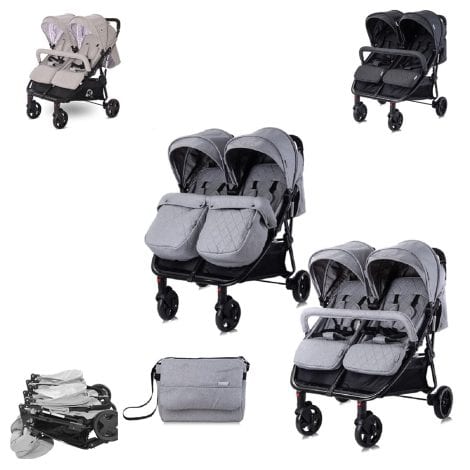 Lorelli cochecito gemelar plegable y ajustable con accesorios incluidos en color gris claro.