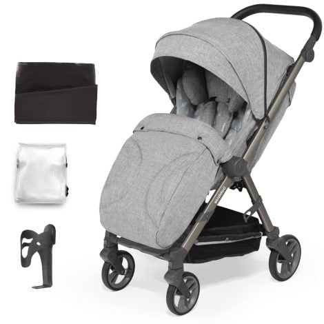 silla de paseo Mell con ruedas grandes y ligera, silla de viaje plegable para niños con ruedas amortiguadoras, respaldo ajustable, impermeable, mosquitera y cubierta para la lluvia hasta 22 kg en color gris claro.