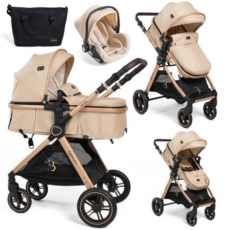 BEBELISSIMO – Conjunto de Carro de Bebé de Tres Piezas 3 en 1 – Silla de Paseo para Niños – Cochecito Completo de 3 Piezas – 0-22kg – color beige