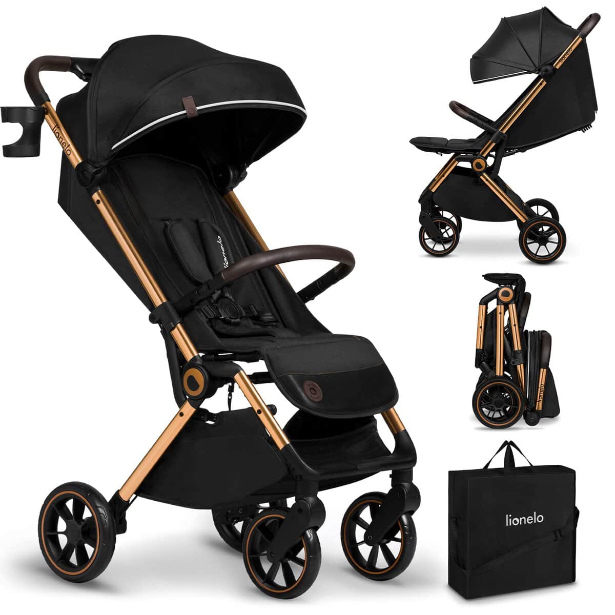 LIONELO Cloe Cochecito Plegable hasta 22 kg, Respaldo Ajustable Función Dormir, Arnés de 5 Puntos Ruedas Portavasos Ligero Compacto Impermeable, sillita, silla paseo ligera, carrito bebe (negro)