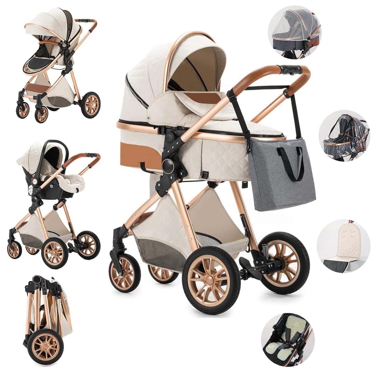 Gcarebb Carrito Bebe 3 en 1, Cochecito Bebe 3 Piezas Con Asiento De Auto, Cochecitos Portátil Plegable Con Un Clic, Carricoche Combinado Paisaje Alto Marco de Aluminio Para Recién Nacido