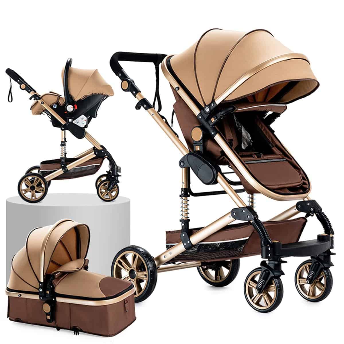 Sistema de Viaje 3 en 1 Silla de Paseo Carrito con Capazo 3 en 1 Cochecito de Bebé para Recién Nacido Cochecito de Viaje Portátil Plegable con Paisaje Alto de Lujo Real (739 Beige)