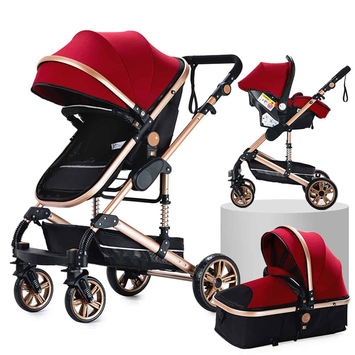 Magic ZC 3 en 1 Sistema de Viaje Para Bebé 3 en 1 Carrito con Capazo Silla de Paseo Cochecito de Bebé Cochecito de Paisaje Alto Reclinable Cochecito Estándar Plegable de Recién Nacido (739 Red)