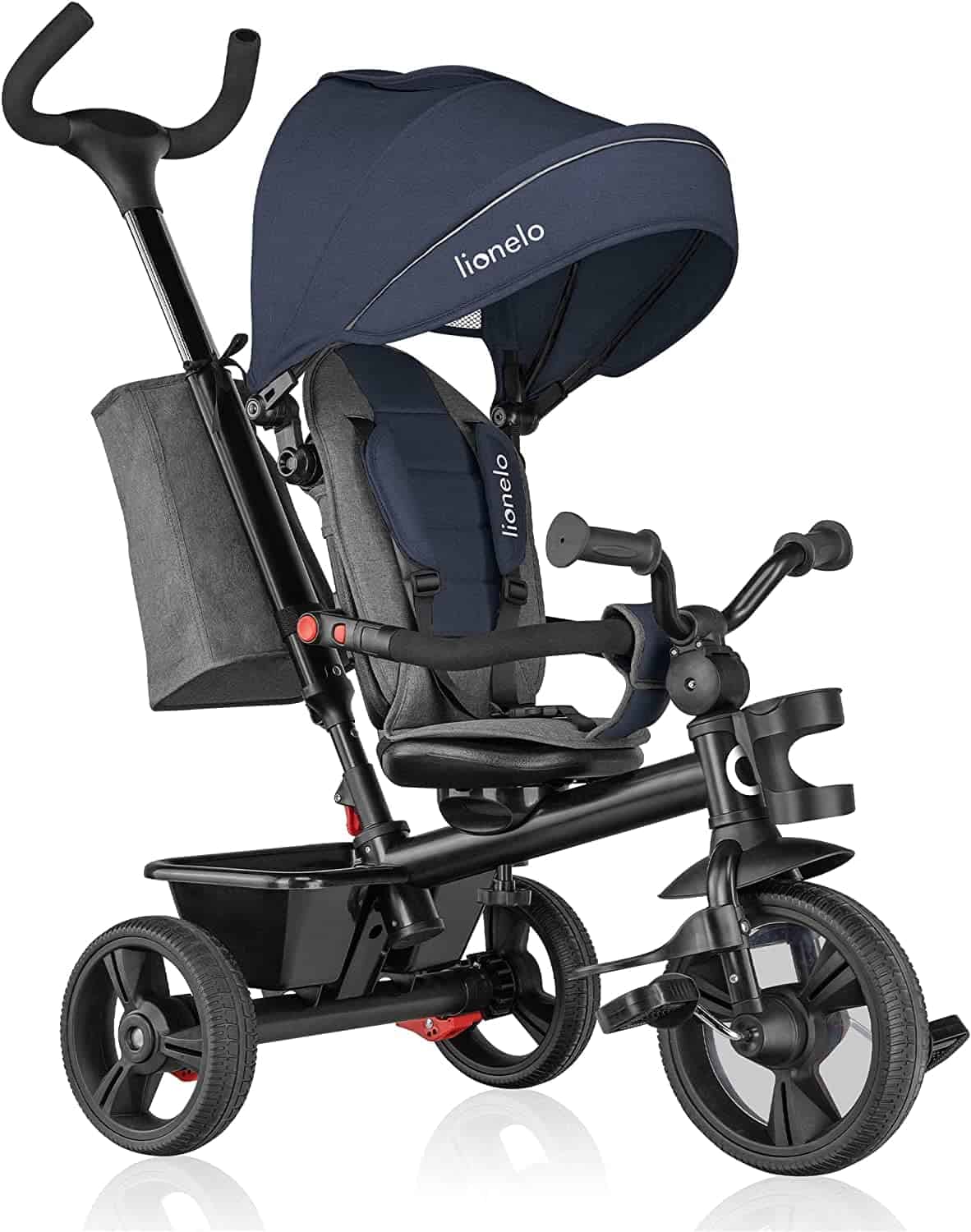 LIONELO Haari Bicicleta 2 en 1 Menores hasta 25 kg 1,5-5 años Triciclo- Carrito Cesta espaciosa, Bolsa y portavasos Cinturones de 3 Puntos con Fundas Toldo Reposapiés Jeans