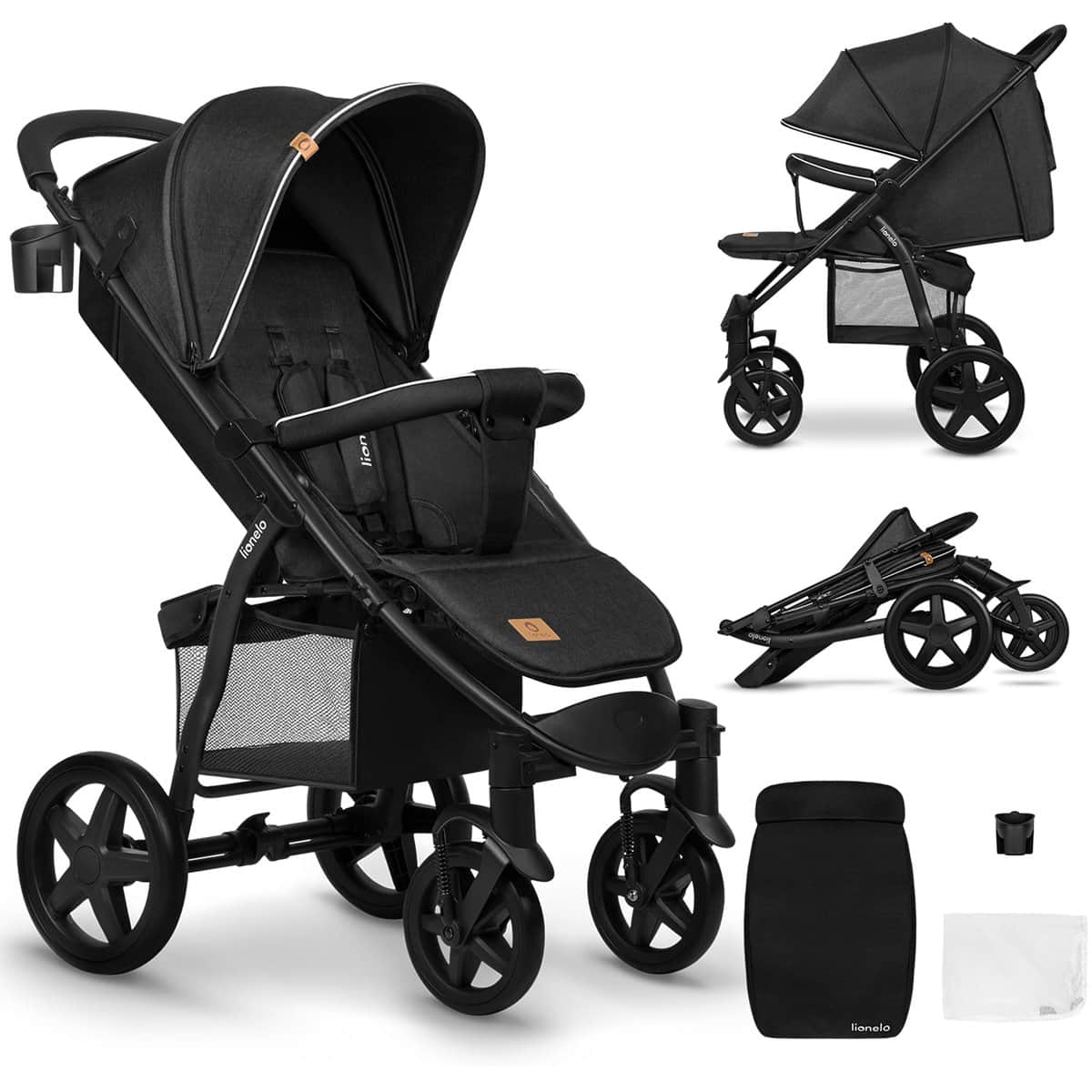 LIONELO Annet Silla de Pase Para niños hasta 22 kg 0-48M ajuste del respaldo hasta posición horizontal Capucha XXL Plegable fácil con ventana Mosquitera Negro Plus