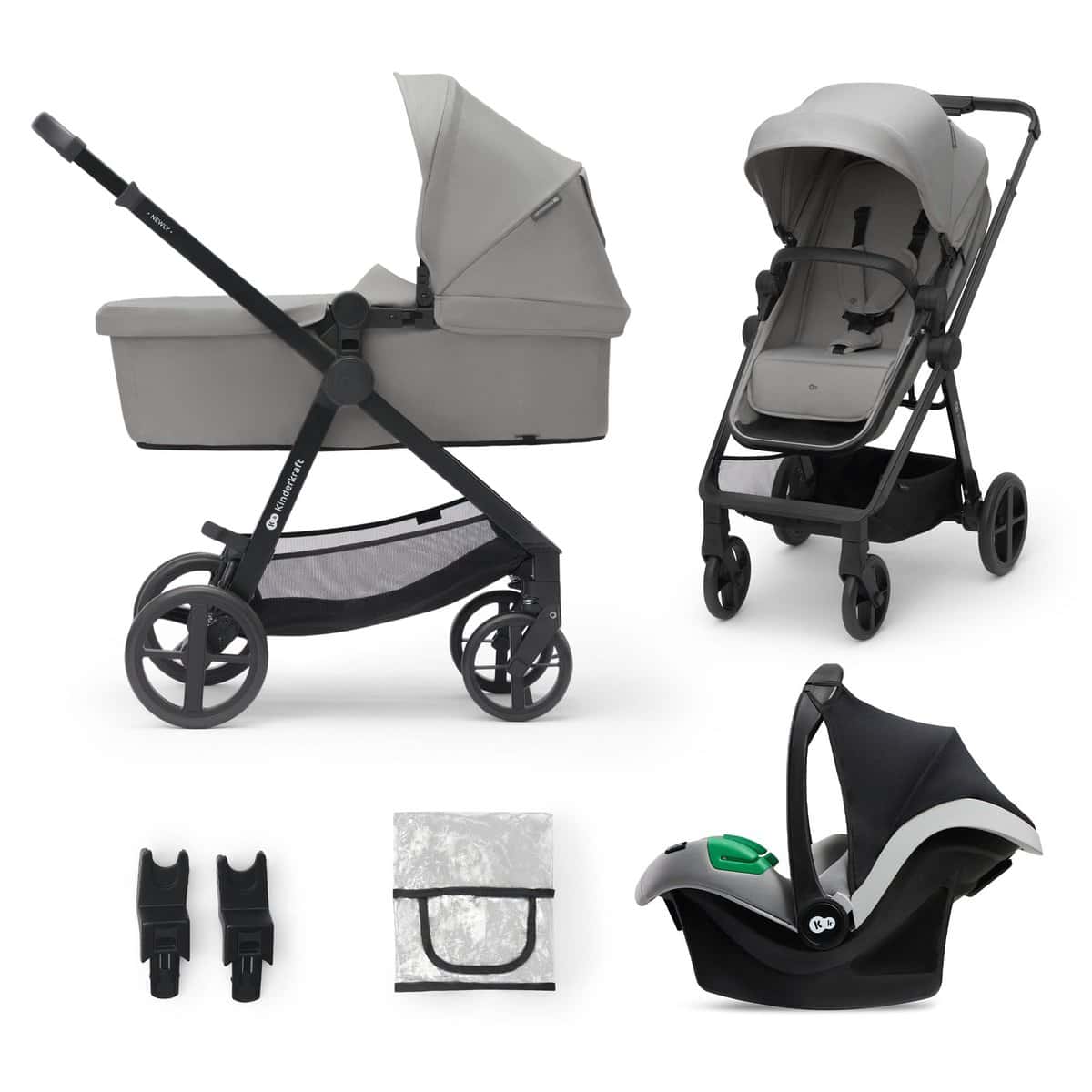 Kinderkraft NEWLY Carrito 3 en 1, Para niños, Sistema de viaje, Carrito Para Bebes, Silla De Paseo, Silla Ligera, Carro Bebe, Cochecito 3 Piezas, Plegable, desde el nacimiento hasta 22 kg, Gris Gray