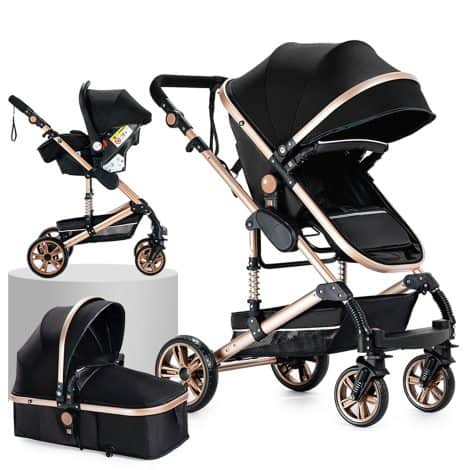 Sistema de transporte completo para bebés que incluye cochecito, capazo y silla de paseo. Diseño moderno y elegante, con opción de plegado portátil y altura ajustable. Disponible en el modelo 739 Black Gold-1.