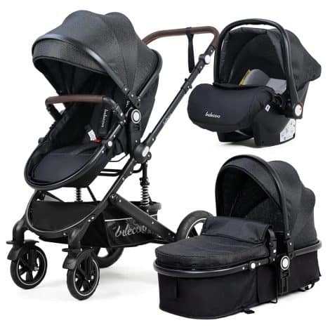 Belecoo Sistema de Viaje Trio Set para Bebé, desde recién nacido hasta los 3 años, carrito, moisés, moisés, moisés, fácil de doblar, portavasos, protector de sol, amplio compartimento (color negro)