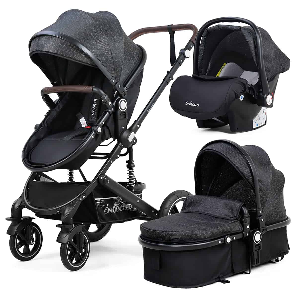 Belecoo Cochecito Travel System Trio Set, desde el nacimiento a 3 años, cochecito, capazo, capazo, capazo, fácil de plegar, portavasos, capota parasol, cesta grande (negro)