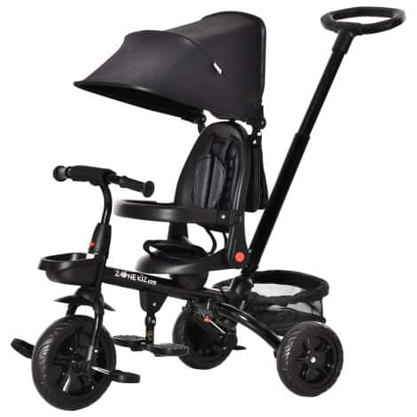 Triciclo para bebé HOMCOM 4 en 1, bicicleta para niños de 1 a 5 años con asiento que gira, capota ajustable, mango telescópico y reposapiés plegable. Soporta hasta 25 kg de peso. Medidas: 111,5x52x98 cm. Color: negro.