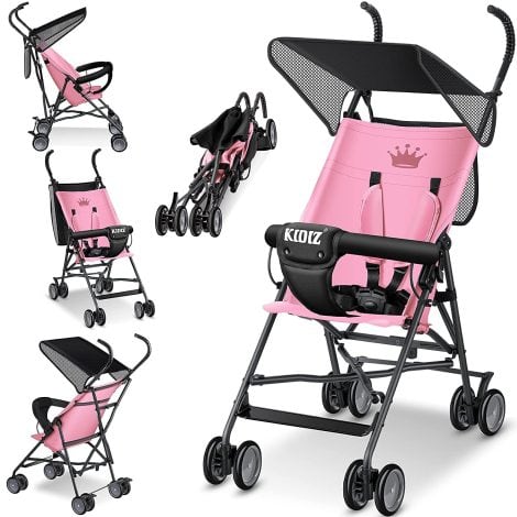 KIDIZ® Cochecito urbano CITY Buggy, cochecito plegable y ajustable para niños, cochecito giratorio 360°, ruedas de 4 pulgadas, incluye capota plegable rosa para protección contra el sol y la lluvia