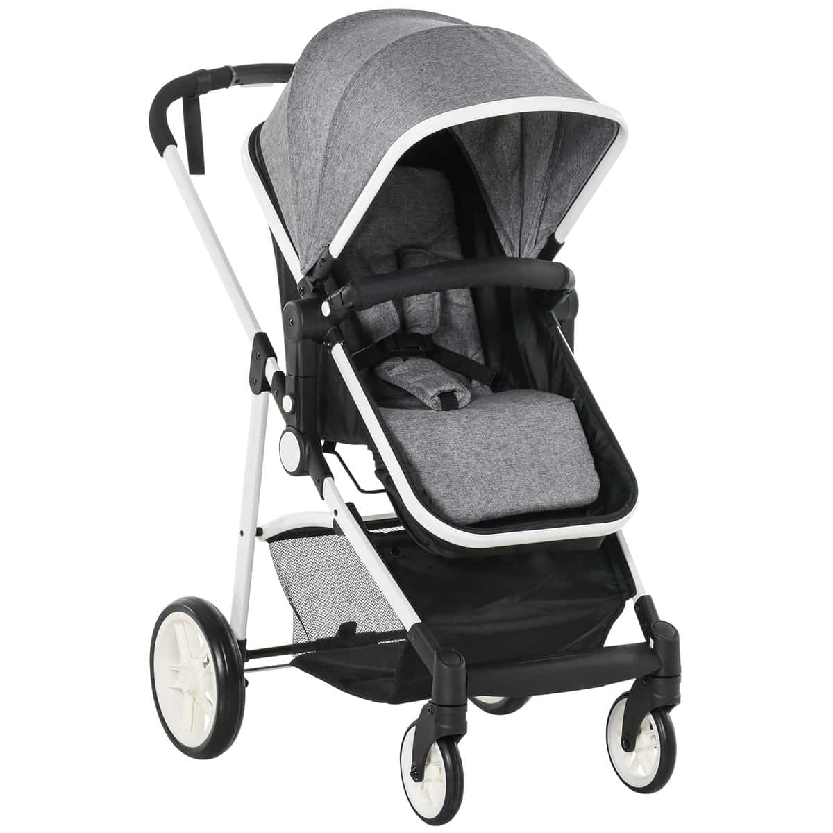 HOMCOM Silla de Paseo 2 en 1 Cochecito de Bebé y Capazo para Niños de 0-36 Meses con Capota Plegable Respaldo Reclinable Cesta Grande Palanca de Freno Carga 15kg 80x51x102 cm Gris