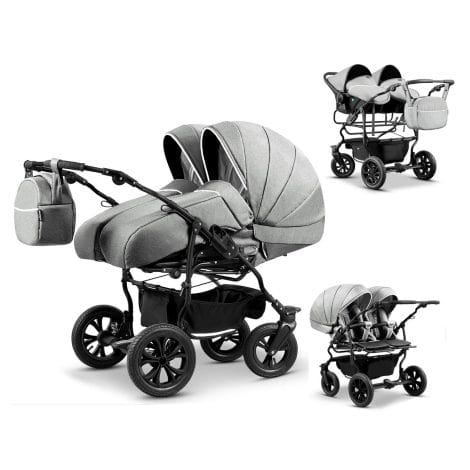 Carro para bebés de dos asientos con tres piezas. Incluye capazos, sillas, grupo 0 y accesorios. Modelo Duet Lux Elcar BBtwin en color gris.