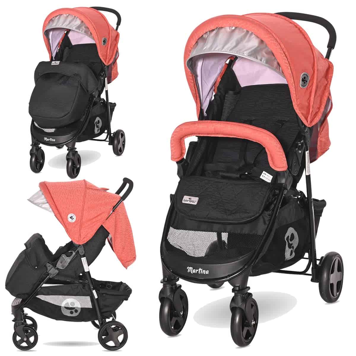 Lorelli  Silla de paseo ligera para bebé Martina  Compacta, ligera y manejable  Con capota, respaldo, reposapiés y manillar ajustable - de 6 meses a 15kg  Sistema arnés de 5 puntos - Color Naranja anaranjado