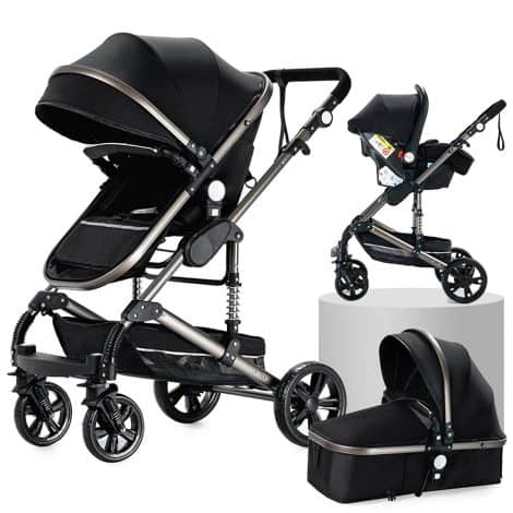 Sistema de Viaje 3 en 1 Reversible Negro, Carrito con Capazo Plegable, Cochecito de Bebé Portátil, Carrito Estándar para Niños, Silla de Paseo de Lujo, Carrito Bebe 3 Piezas en Alto Paisaje (739 Black)