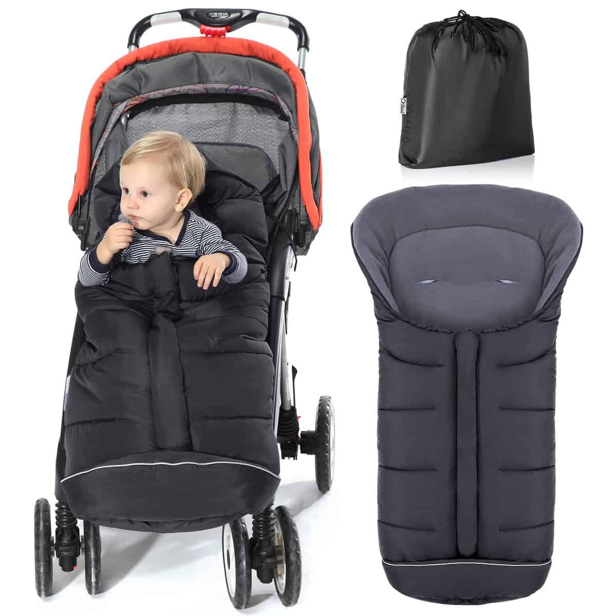 Orzbow Saco Silla Paseo Universal,Inviern Sacos Carrito Bebe con Bolsa,Saco Capazo Bebe Impermeable a Pruebade Viento Forro de Vellón Polar,con Capucha con Cordón,Cremallera e Tira reflectante (Negro) Negro-A0405 A0405