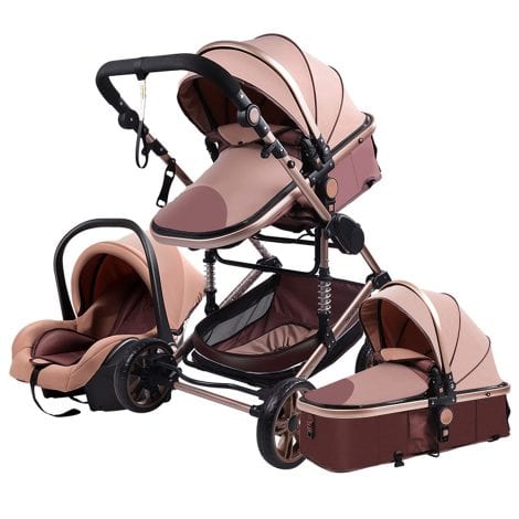 Caminador de bebé de tres ruedas convertible en silla de paseo y cochecito de bebé, con altura ajustable para todas las edades y plegable para mayor comodidad. Ideal para bebés de 0 a 36 meses. Disponible en color beige.